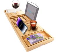 SereneLife SLBCAD20 - Vassoio portaoggetti per vasca da bagno, in legno naturale, regolabile, in legno naturale, con supporto per vino, tazze, portasapone, spazio libro e slot per telefono, per spa,