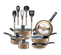 SereneLife Utensili da cucina Pentole e padelle Basic Kitchen Cookware, rivestimento antiaderente nero all'interno, lacca resistente al calore (set da 15 pezzi), taglia unica, oro