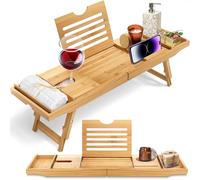 SereneLife Vassoio da Bagno e Colazione Combinato - Legno di Bambù Naturale Impermeabile per Vasca e Letto con Bracci Estraibili, Fessure per Dispositivi, Bicchiere da Vino e Porta Sapone