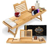 SereneLife Vassoio da Bagno e Vassoio per Colazione Combo con Scatola Regalo - Vassoio da Bagno Impermeabile in Legno di Bambù e Vassoio da Letto con Braccia Pieghevoli Scorrevoli