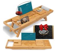 SereneLife Vassoio da bagno in bambù, espandibile, antiscivolo, porta bicchiere da vino, supporto per tablet e spazio per libri, design pieghevole con schienale per spa, relax e decorazione della casa
