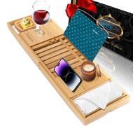 SereneLife Vassoio per vasca da bagno in bambù, regolabile, porta libri e tablet, vassoi per accessori rimovibili, design ergonomico, slot per calici da vino, regalo rilassante per la casa o il bagno