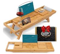 SereneLife Vassoio Vasca da Bagno Pieghevole in Bambù 2 in 1, Porta Oggetti Bagno Regolabile Antiscivolo con Supporto Dispositivi, Portabicchiere Vino, Espandibile e Set Regalo Donna per Relax