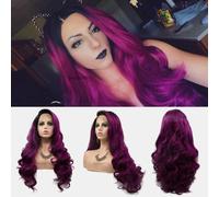 SereneWig 1B Parrucca nera sfumata viola onda lunga resistente al calore, parrucca sintetica con pizzo frontale, per donne, feste quotidiane, cosplay, uso con radici scure a viola/viola lavanda,