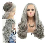 SereneWig 24" Long Curl Capelli Grigi Sintetico Pizzo Parrucca Frontale per Donne Naturale Aspetto Cenere Grigio Resistente al Calore Fibra Sintetica Pizzo Parrucca per uso giornaliero Cosplay Party