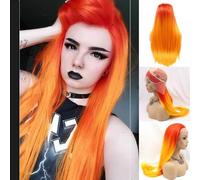 SereneWig 24" Long Straight 13 x 3" Front Lace Wig Orange Fire Color Wigs for Women Girls Cosplay Party Halloween Hot Red Orange Ombre Resistant Fiber Wigs Net Wig Cap Included Middle Part