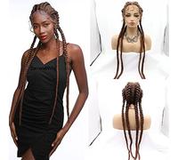 SereneWig, Parrucca con 4 trecce castano scuro, con piccole ciocche sull’attaccatura, castano naturale, con attaccatura frontale in tulle, con 2 doppie trecce lunghe, per donne, drag queen