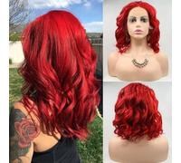 SERENEWIG Parrucca corta rossa da 35,6 cm, da donna, con ricciolo sciolto e pizzo frontale, lunghezza fino alle spalle, con riga laterale, resistente al calore, per cosplay, feste quotidiane e
