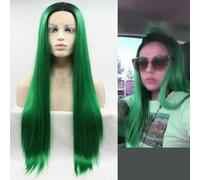 SereneWig Parrucca da 33 x 7,6 cm, pre-pizzicata con pizzo frontale, capelli lunghi lisci, colore nero sfumato verde, parrucca sintetica resistente al calore, con pizzo frontale, per donne, uso