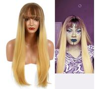 SERENEWIG Parrucca da donna, capelli sintetici lunghi e lisci, 33 x 7,6 cm, con frangia, capelli sintetici, resistenti al calore, con frangia frontale in pizzo, per ragazze, per uso quotidiano, feste