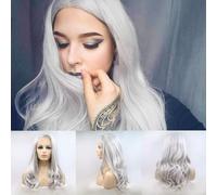 SereneWig Parrucca pre-pizzicata 13x3" parrucca lunga ondulata argento grigio sintetico parrucche anteriori in pizzo resistente al calore capelli grigi naturali per le donne uso quotidiano Cosplay