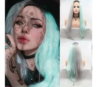 SereneWig Parrucca sintetica da donna, lunghezza 61 cm, colore verde scuro, mezza grigia, con pizzo frontale, per cosplay, uso quotidiano, radice scura, verde pastello, grigio, resistente al calore