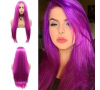 SERENEWIG Parrucca sintetica viola con pizzo frontale, lunghezza 66 cm, parrucca frontale in pizzo viola brillante 33 x 10,2 cm, parrucca per capelli in fibra resistente al calore, per donne alla moda