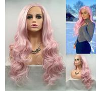 SereneWig Parrucche sintetiche da donna, 33 x 7,6 cm, pre-pizzicate, rosa confetto, con attaccatura frontale in pizzo e capelli lunghi ondulati, colore rosa pastello, parrucche di ricambio per capelli