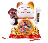 Serenitison Grande Gatto Fortunato,Maneki Neko Elettrico,Gatto Fortunato in Ceramica,con Braccio Sventolante Portafortuna,PE Decorazione Domestica del Negozio,Include Cuscino del Sedile + Sciarpa