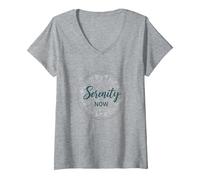 Serenity Now: Zen Lotus Mandala Meditazione Consapevolezza Maglietta con Collo a V, Donna, Grigio Melange, S
