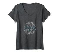 Serenity Now: Zen Lotus Mandala Meditazione Consapevolezza Maglietta con Collo a V, Donna, Grigio Scuro, M