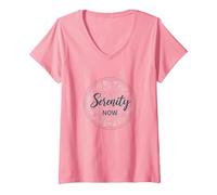 Serenity Now: Zen Lotus Mandala Meditazione Consapevolezza Maglietta con Collo a V, Donna, Rosa, XL