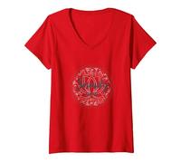 Serenity Now: Zen Lotus Mandala Meditazione Consapevolezza Maglietta con Collo a V, Donna, Rosso, L