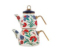 Serenk Set di teiere smaltate, 2 pezzi, brocca superiore da 1,1 l + teiera inferiore da 2,1 l, con dettagli dorati, adatti a induzione, per tutti i piani cottura, lavabile in lavastoviglie