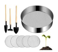 Serenophile Setaccio da giardino in acciaio inox, 20 cm, con 5 maglie intercambiabili, per terriccio e sabbia, setaccio rotondo antiruggine con 3 vanghe a mano
