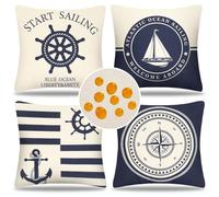 Serento Federa per Cuscini Nautico Ancora 50 x 50 cm Oceano Bussola Blu Biancheria Copricuscini Decorativi Moderni Copricuscini Impermeabili Estate per Divano Casa All'aperto Decorazione Set di 4