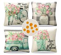 Serento Federe Cuscini Divano 40 x 40 Decorativi Esterno Giardino Federe Cuscini Moderni Copricuscini Divano in Lino Impermeabili Estate Primavera Fiore per Divano Soggiorno Set di 4