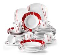 Serie MALACASA Felisa 30 pezzi strisce rosse Set da pranzo in porcellana bianca avorio con piattini da 6 pezzi piattini piatto da pranzo per zuppa da Dessert