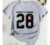Serie per la famiglia Disney Mickey] Maglietta casual traspirante a maniche corte con scollo rotondo e lettere nere, per uomo e donna, grigia, con motivo sottile, Topolino e Minnie, più stampe diverte