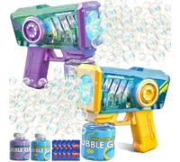 SERIONR Pistola per Bolle di Sapone con Soluzione Bolla, Blu + Viola | Automatico, luce LED, giocattoli estive da esterno, adatti per feste di compleanno, Halloween, matrimoni