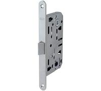 Serratura per porte in legno MEDIANA doppio quadro (WC) - Marca AGB - Reversibile destra/sinistra - Bordo tondo finitura Cromo Satinato - Frontale 18x196
