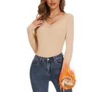 SERSARY Maglietta termica da donna, a maniche lunghe, con pizzo, elegante, termica, a maniche lunghe, scollo a V, tinta unita, basic a maniche lunghe, maglietta termica da donna, beige., M
