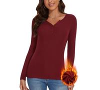 SERSARY Maglietta Termica da Donna a Maniche Lunghe con Scollo a V e Bottoni con Maglietta Henley Maglia Sottile a Maniche Lunghe Intimo Basic Camicetta Termica per Donna Invernale,Rosso Vivo,L