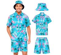 SERTAS Camicia hawaiana da uomo, set da 3 pezzi, camicia hawaiana e pantaloncini e cappello da pescatore, per il tempo libero, le vacanze, la spiaggia, Blu, M