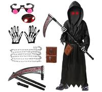 SERTAS Costume per Halloween da Tristo Mietitore, con occhi rossi luminosi, per bambini e ragazzi, 7 pezzi, set di costume per Halloween con occhiali e cintura con catena a falce (B, 135)