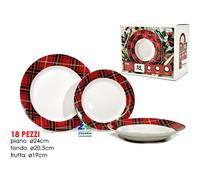 SERVIZIO 18 PZ PIATTI NATALIZI DECORO RED TARTAN BORDO SCOZZESE IN PORCELLANA