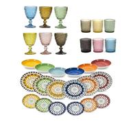Servizio completo di Piatti e Bicchieri 30 Pezzi per 6 Persone in Porcellana Multicolor Design Mandala e Vetro a Rilievo, Lavabili in Lavastoviglie e Uso Microonde Ideale per Tavola Moderna e Regalo