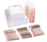Servizio da tavola quadrato per 25 persone, in plastica oro rosa, con 150 pezzi di stoviglie riutilizzabili occasioni speciali, comprendenti piatti insalata, forchette, coltelli, cucchiai e tazze