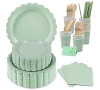 Servizio da tavola verde salvia per 25 ospiti - Eleganti piatti usa e getta, bicchieri, tovaglioli con posate in legno e biglietto da visita, articoli ecologici per feste, matrimoni, baby shower