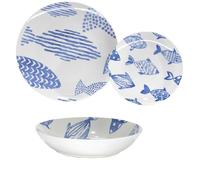 Servizio di Piatti 18 Pezzi Set 6 posti tavola Completo con Decorazione marine mare Pesci Blu per eleganza stile Casa al Mare in Porcellana
