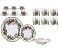 Servizio di piatti completo di Bicchieri e Tazzine per 6 posti Tavola di natale con Motivi Natalizi ghirlanda fiocco rosso agrifoglio pigne palline addobbi idea Regalo