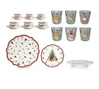 Servizio di piatti in fine porcellana per 6 persone Bicchieri e Tazzine di caffé con Motivi Natalizi rossi bordi smerlati addobbi decorazioni elegante idea Regalo