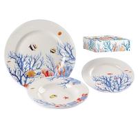 Servizio di piatti mare 18 pezzi Tema Marino Collezione Ocean in Porcellana d'autore Nàvel 6 Fondi Ø 21,5 cm, 6 Piani Ø 20,4 cm e 6 Piani Ø 26,5 cm con Elegante Scatola Litografata