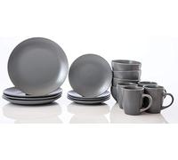 Servizio di stoviglie 16 pezzi,Set Completo set di Piatti, Ciotole, Tazze, Servizio da Tavola per 4 Persone,Gres Porcellanato (Grigio)