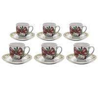 Servizio di Tazzine da Caffè con piattino completo per 6 Persone Natalizio Festa in Porcellana ghirlanda fiocco rosso agrifoglio pigne palline In Scatola Regalo