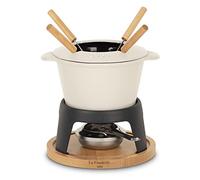 La Fonderie 1890 MONT JOLY Set da fonduta in ghisa smaltata, per 4 persone, fonduta di formaggio, carne, ciocolato, Beige, base in legno naturale, forchette con manico in legno di faggio