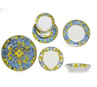 Servizio Piatti 18 Pezzi in Porcellana Decorata - Stile Classico Barocco Floreale Blu e Giallo - Piatto Piano Fondo Frutta - Servizio Tavola Elegante per 6 Persone