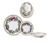 Servizio Piatti di Natale completo per 6 Persone 18 PZ ghirlanda fiocco rosso in Porcellana tavola elegante natalizia decorazioni agrifoglio pigne palline idea regalo