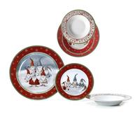 Servizio Piatti Natale completo per 6 Persone 18 Pezzi Babbo natale gnomi rosso in Porcellana tavola elegante natalizia decorazione idea regalo