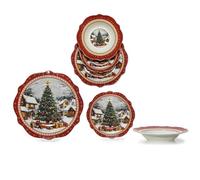 Servizio Piatti Natalizio 18 Pezzi per 6 Persone Porcellana Bone China Decoro Albero e Neve completo Bordo Smerlato Rosso